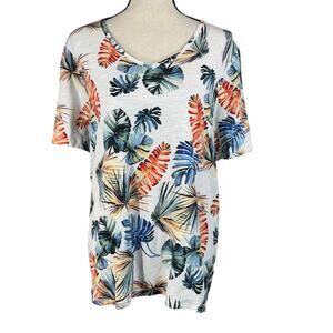 Chico’s SZ 2 (Large) T-Shirt Top Burnout Fabric Leaf Print Hi-Low Hem Stretch